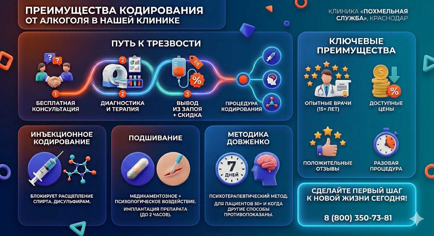 Инфографика о методах кодирования от алкоголя в Пролетарском: инъекции, подшивание, метод Довженко. Преимущества клиники и этапы лечения.