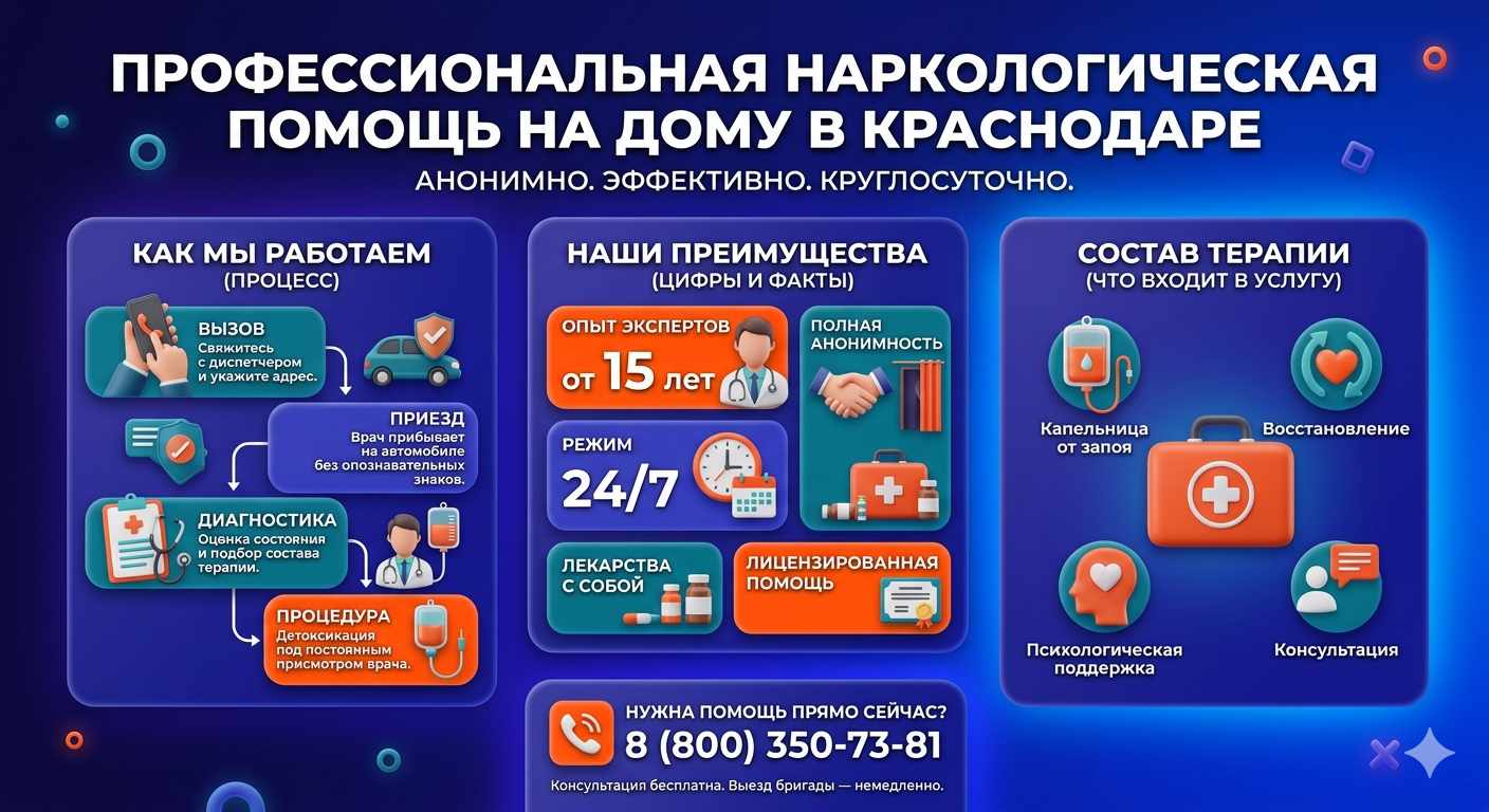 Инфографика о принципах лечения алкоголизма на дому в Пролетарском: этапы вызова нарколога, преимущества анонимной детоксикации и состав медицинской помощи.